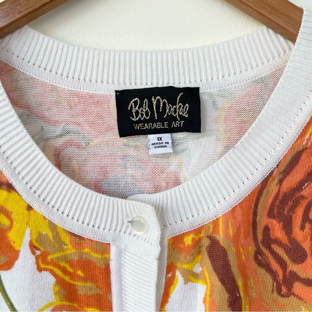 Bob Mackie Wearable Art Floral Orange Yellow Cardigan Sweater 1X Cotton Blend - Picture 5 of 6